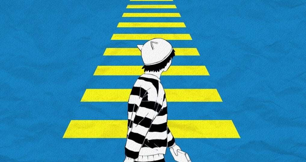 a comic person watching a zebra crossing with yellow lines on a blue background