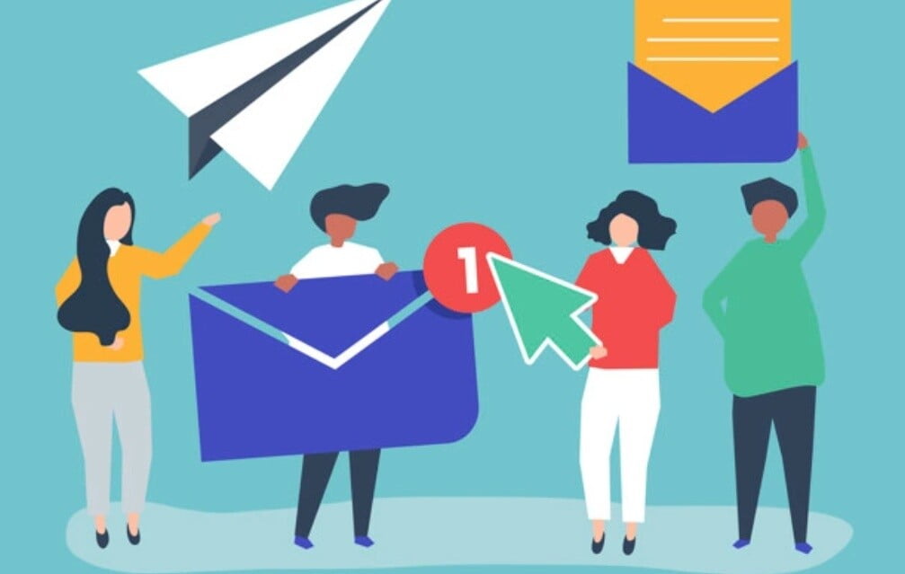 comic lady holding a mailbox icon as part of the email communication