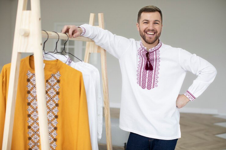 a man standing in a dress outlet posing with clothes