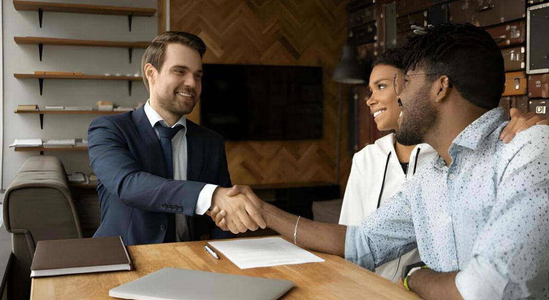two person discussing points with a lawyer in formal suits