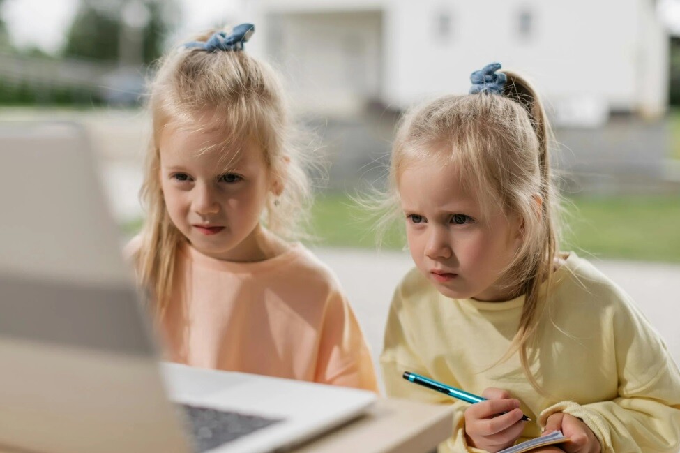 little children looking at the laptop and doing online classes