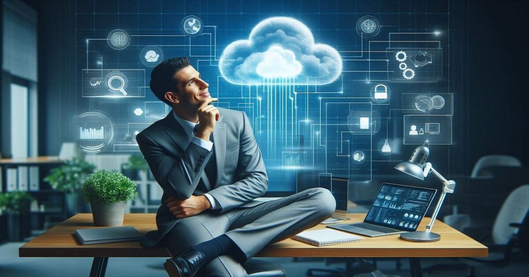 a man with an artificial cloud and a number of digital icons placed around him