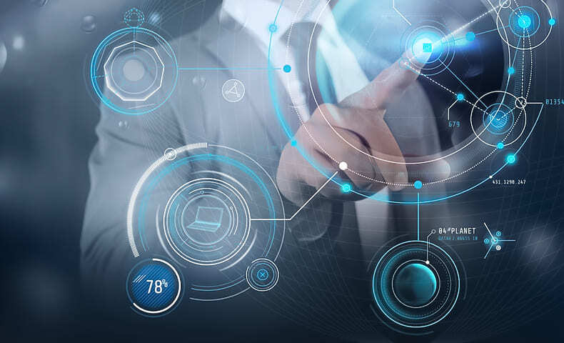 a hand pointing to a graphical image showing software integration