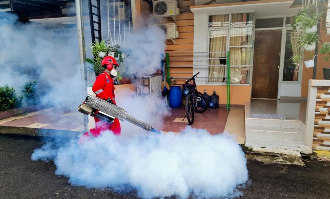 a person spraying smoke as part of the pest control outside the house