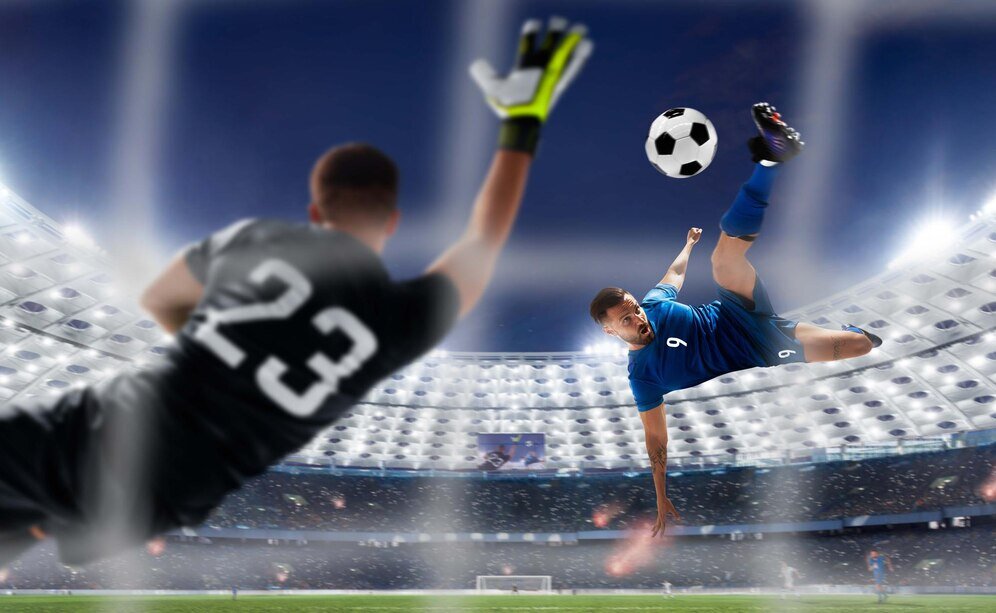 a football goalkeeper trying to block a goal