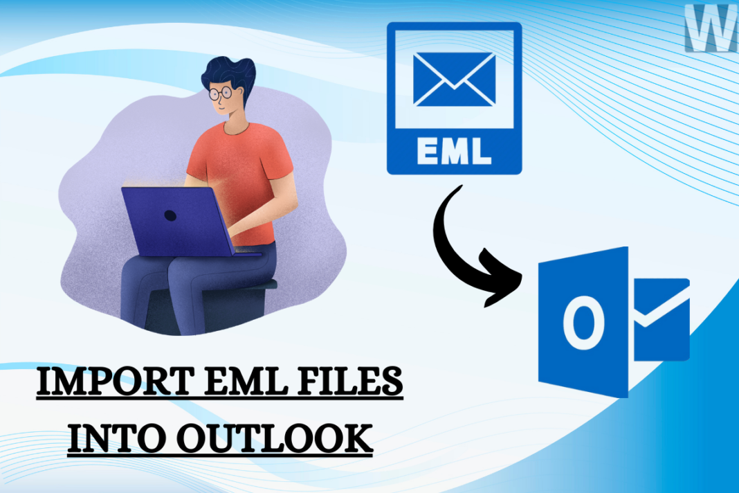 outlook email icon and a person using a laptop on a slide with blue and white background