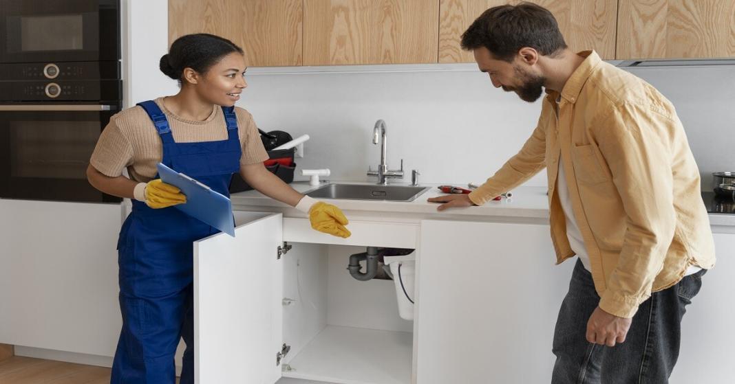 a woman and a man working as plumber inside a house on a wooden structure