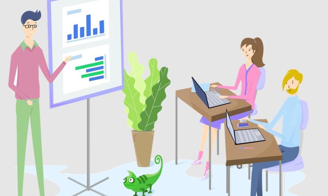 a person presenting AI business ventures to a few persons sitting on the chair and listening.