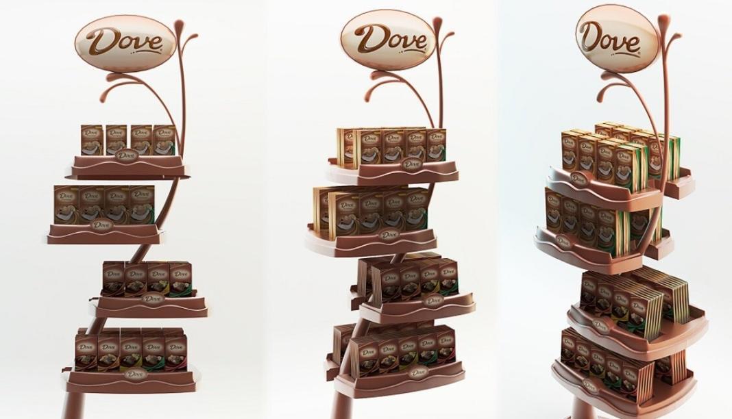 a stand with dove soaps placed in racks depicting the point of sale