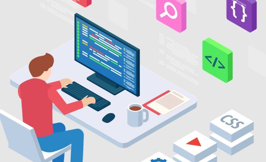 a graphical representation of a person working on a desktop system doing programming