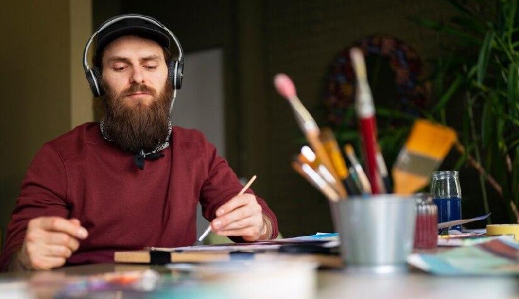 a bearded person painting and a few brsuhes are placed on a table