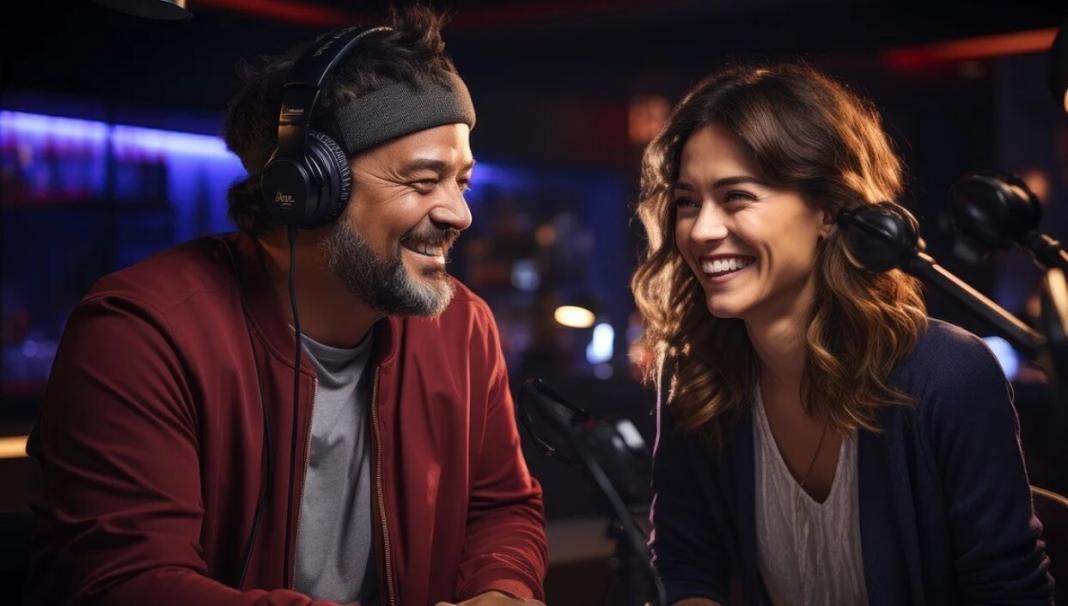 a man and a woman smiling while making a podcast in a studio