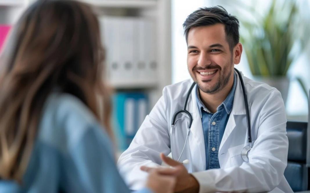 a doctor is talking to a patient as if discussing about the wellness and healthcare