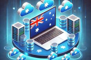 Australian flag seen in a laptop with cloud icons seen around it