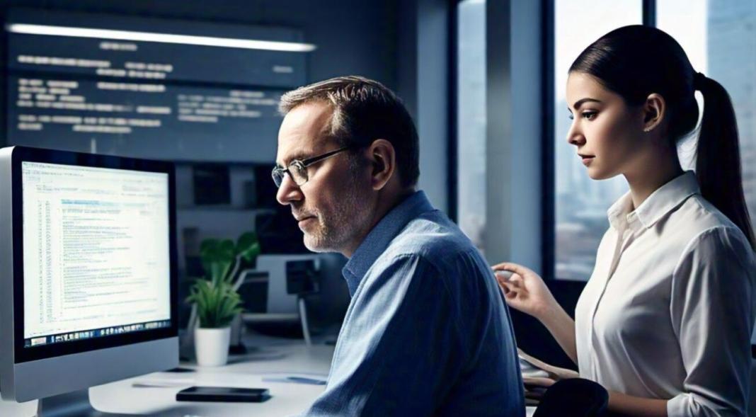 a man working on his desktop for software testing and lady is sitting beside him