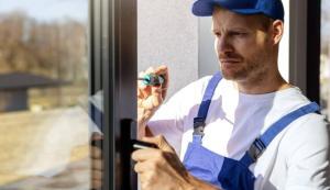 a person in white banian and a blue cap repairing an aluminium door