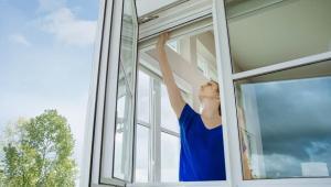 a lady in blue dress adjusting a retractable fly screen in a window and a tree is outside