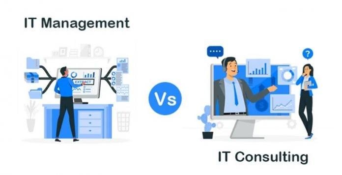 IT management and IT consulting written on a white background with IT pictures