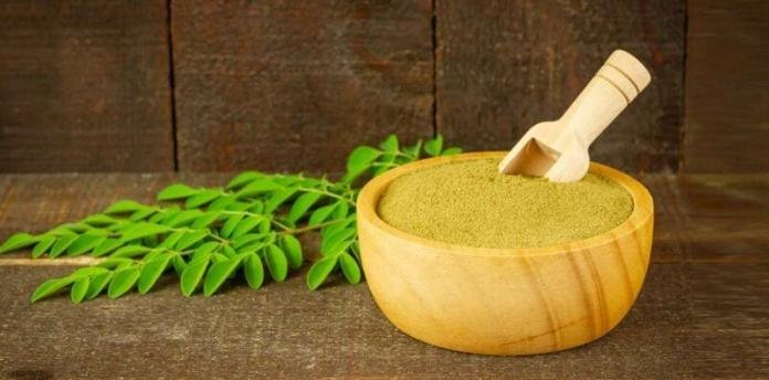 moringa leaf and powder in a bowl with wooden spoon