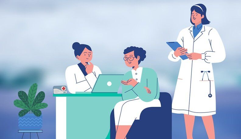 healthcare clinic where three persons discussing on medical records