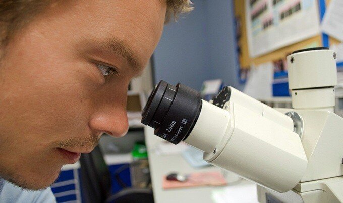 a person is looking into an instrument as part of a research activity