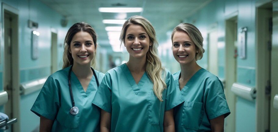 doctors and nurses standing and smiling in a medical center