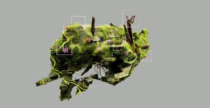 a piece of tree branch where a butterfly sits with 3D view in grey background