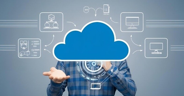 a man behind a cloud symbol showing the cloud technology