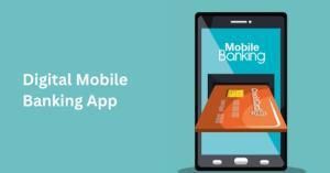 digital mobile banking app with a mobile and a credit card seen on the side.