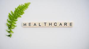 healthcare written on a grey background with a leaf on one side