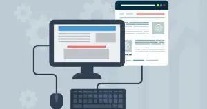 a computer with a keyboard, mouse and a document with grey background