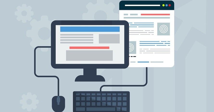 a computer with a keyboard, mouse and a document with grey background