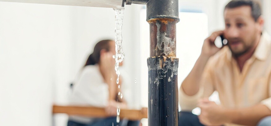 a pipe having water leak and a person talking over phone to fix the issue