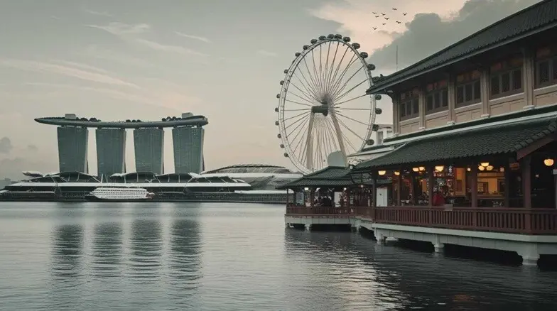 three buildings of Singapore seen near the river adn the a giant wheel is present