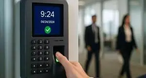 attendance system device places on the office door and a person seen puching his finger