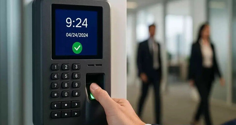 attendance system device places on the office door and a person seen puching his finger