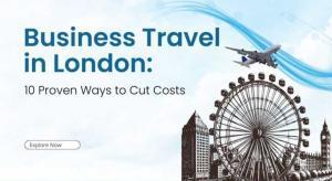 business travel in London written on a white background with London buildings on the side