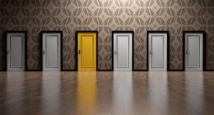 5 doors shown with one door in different color showing path to success