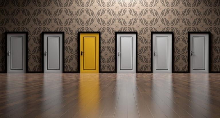 5 doors shown with one door in different color showing path to success
