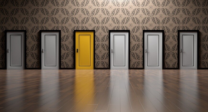 5 doors shown with one door in different color showing path to success