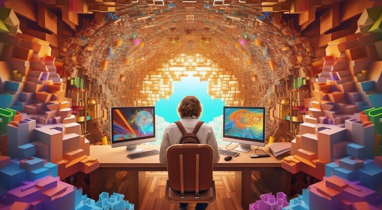 a person sitting on a chair with two desktops on both sides with fiction background