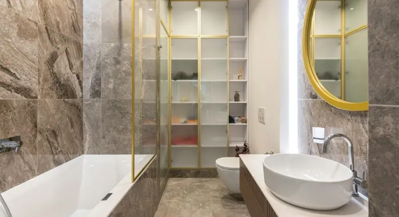 a bathroom with shelves, basin, shower in a modern style