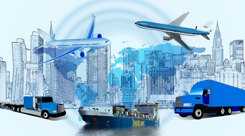 logistics airplane, ship, truck seen with a global map in the backgroup