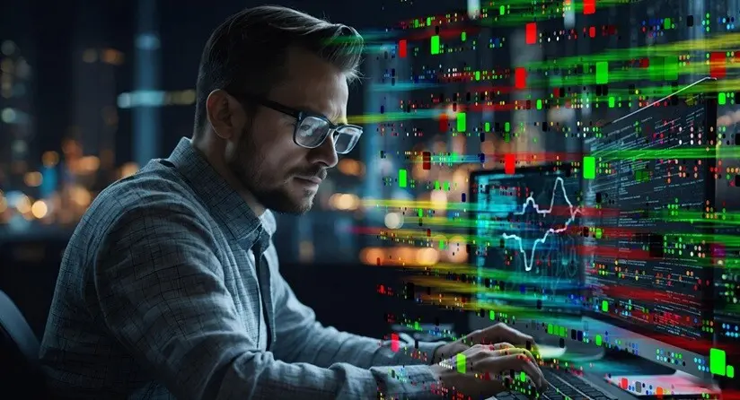 AI consultant Ai consultant working on a desktop with digital graphics background