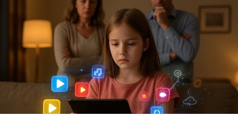 a kid watching the laptop and parents standing behind and monitoring
