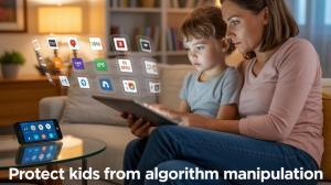 mom and kid looking at the digital apps of a tab in their sitting hall of the house