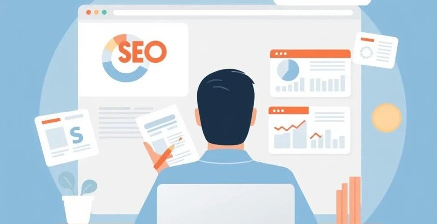 a person looking on the SEO graphs in the form of a cartoon