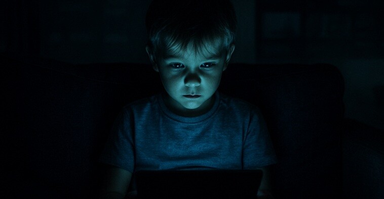 a kid watching the laptop with dark background