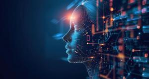 a lady head shown in graphics and codes in a dark blue