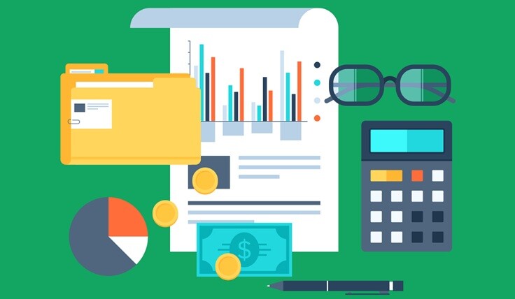 a graph sheet, calculator, currency, taxation graphics seen with a green background